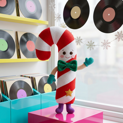 CandyTwirl Candy Cane Christmas Plush Toy with an Emerald Bow, Turquoise Mittens & Purple Feet