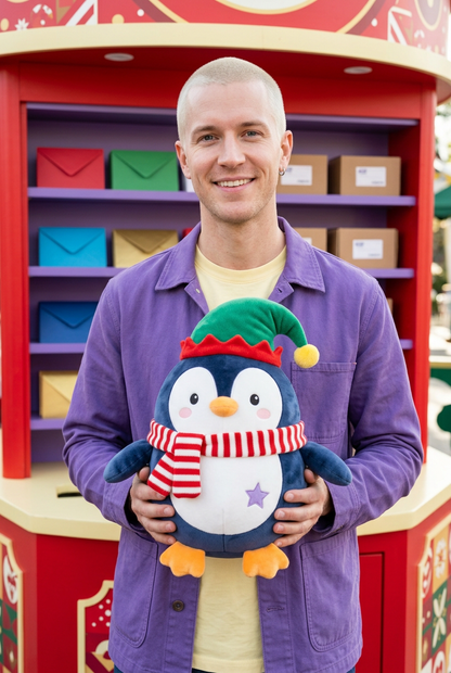 Peppermint Penguin Christmas Plush Toy with a Green Holiday Hat, Candy-Striped Scarf & Purple Star