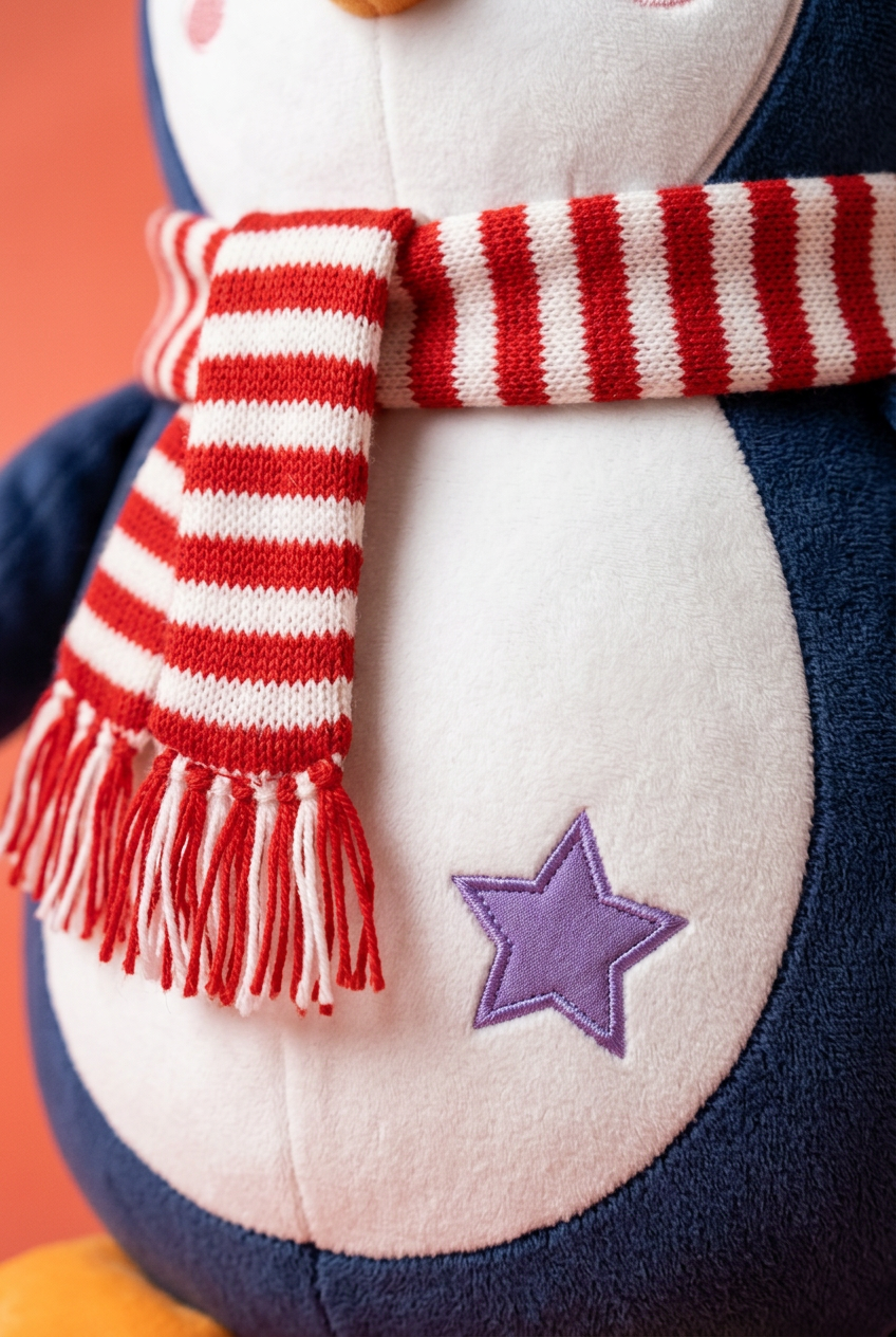 Peppermint Penguin Christmas Plush Toy with a Green Holiday Hat, Candy-Striped Scarf & Purple Star