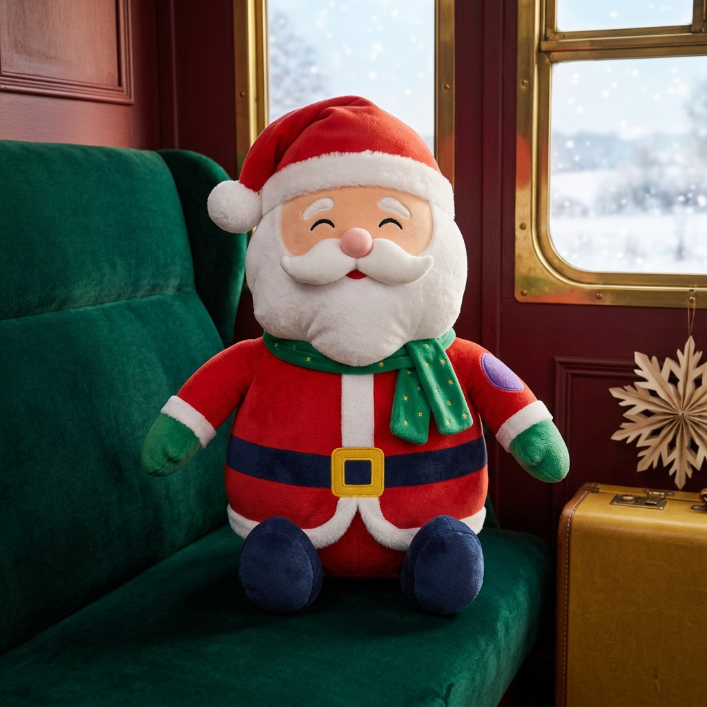 HollyCheer Santa Christmas Plush Toy with a Starry Green Scarf, Rosy Nose & Colorful Holiday Details