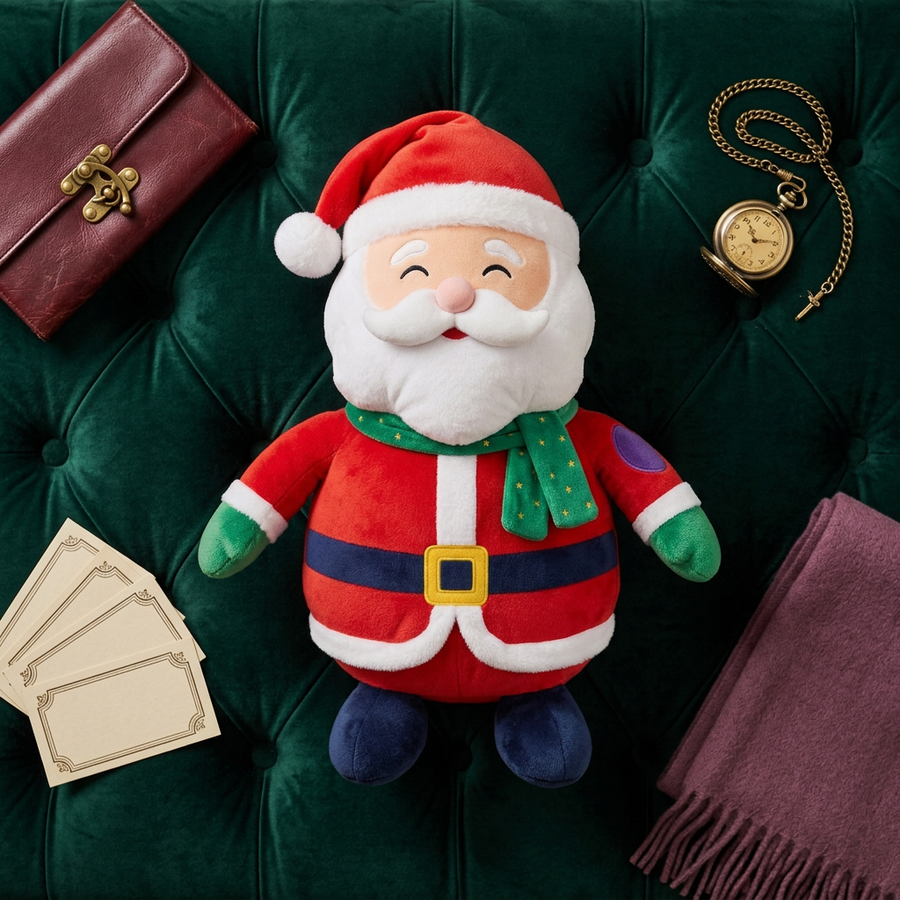HollyCheer Santa Christmas Plush Toy with a Starry Green Scarf, Rosy Nose & Colorful Holiday Details