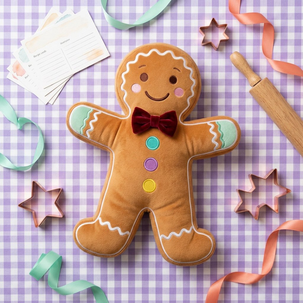 GingerWish Gingerbread Christmas Plush Toy with Icing-Inspired Trim, Rainbow Buttons & a Red Bow Tie