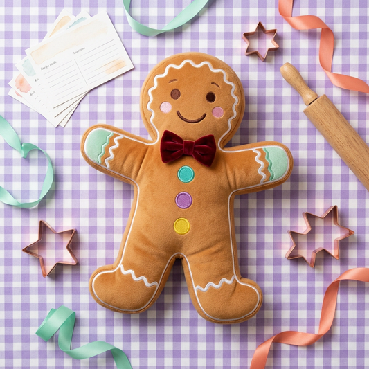 GingerWish Gingerbread Christmas Plush Toy with Icing-Inspired Trim, Rainbow Buttons & a Red Bow Tie