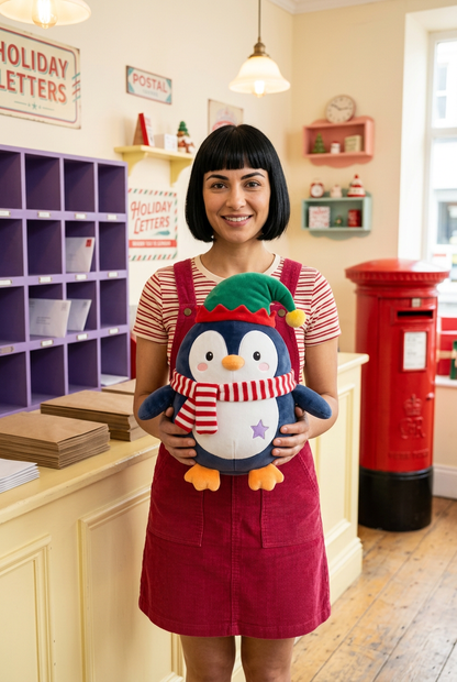 Peppermint Penguin Christmas Plush Toy with a Green Holiday Hat, Candy-Striped Scarf & Purple Star