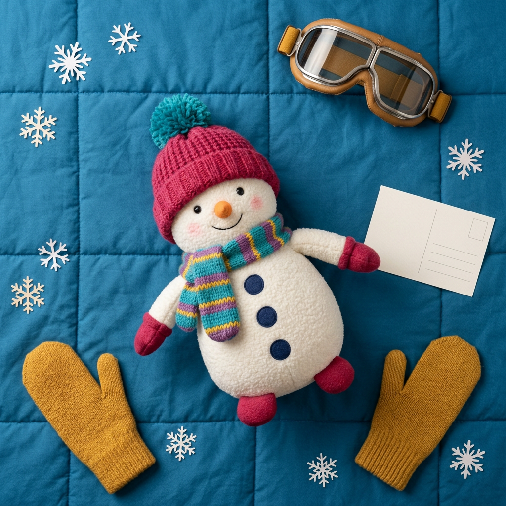 Snowberry Snowman Christmas Plush Toy with a Raspberry Hat, Rainbow-Striped Scarf & Carrot Nose