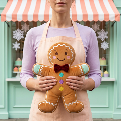 GingerWish Gingerbread Christmas Plush Toy with Icing-Inspired Trim, Rainbow Buttons & a Red Bow Tie