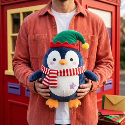 Peppermint Penguin Christmas Plush Toy with a Green Holiday Hat, Candy-Striped Scarf & Purple Star