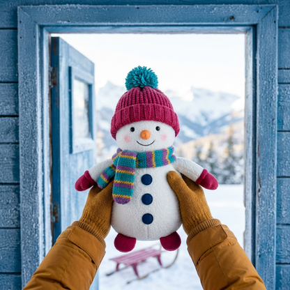 Snowberry Snowman Christmas Plush Toy with a Raspberry Hat, Rainbow-Striped Scarf & Carrot Nose