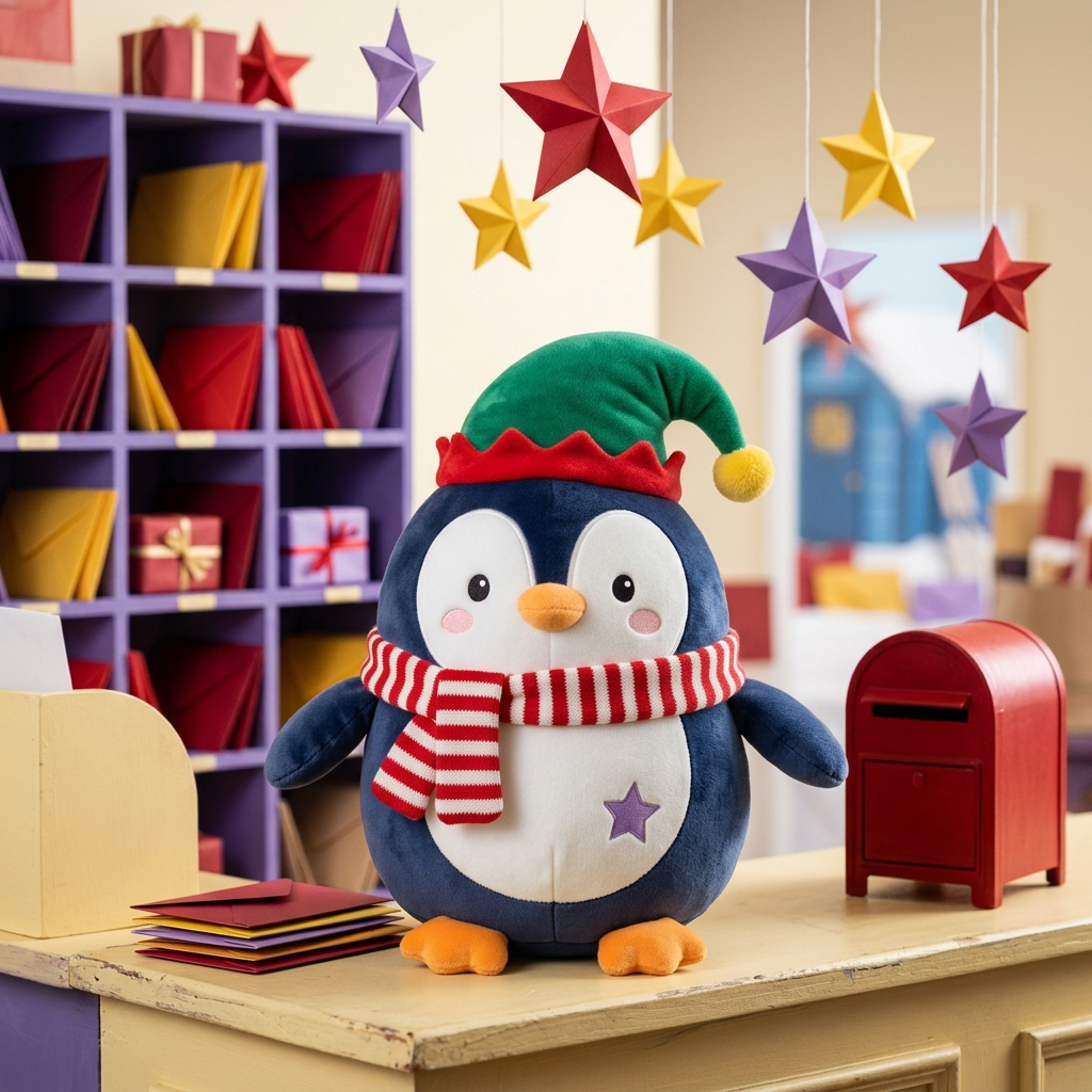 Peppermint Penguin Christmas Plush Toy with a Green Holiday Hat, Candy-Striped Scarf & Purple Star
