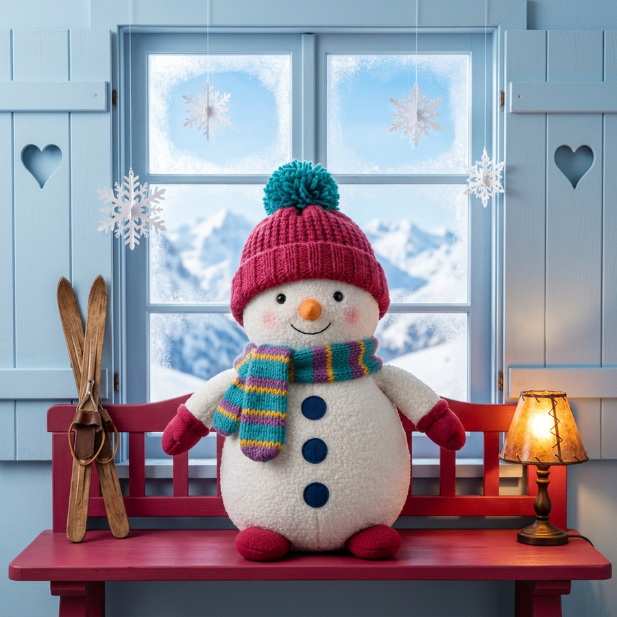 Snowberry Snowman Christmas Plush Toy with a Raspberry Hat, Rainbow-Striped Scarf & Carrot Nose