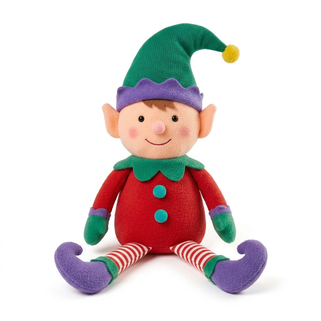 JingleSprout Christmas Elf Plush Toy with a Floppy Green Hat, Candy-Striped Legs & Curled Purple Shoes