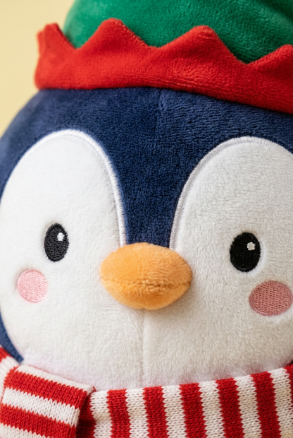 Peppermint Penguin Christmas Plush Toy with a Green Holiday Hat, Candy-Striped Scarf & Purple Star