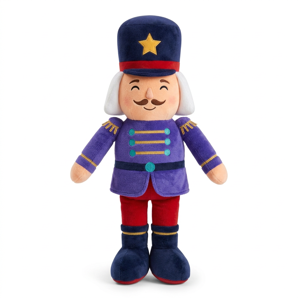 VelvetMarch Nutcracker-Inspired Christmas Plush Toy with a Star Hat, Purple Parade Jacket & Navy Boots