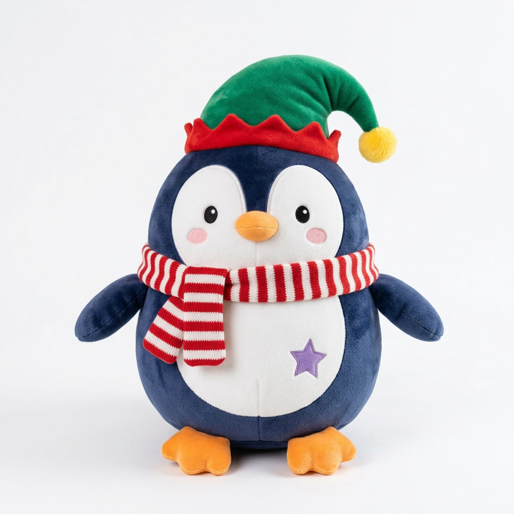 Peppermint Penguin Christmas Plush Toy with a Green Holiday Hat, Candy-Striped Scarf & Purple Star