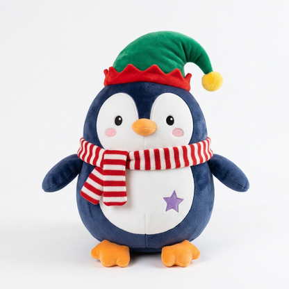 Peppermint Penguin Christmas Plush Toy with a Green Holiday Hat, Candy-Striped Scarf & Purple Star