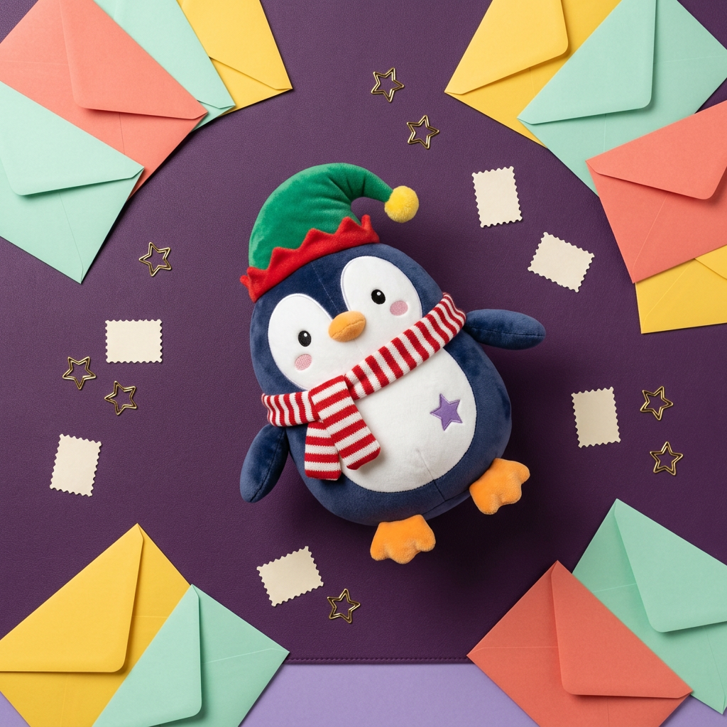 Peppermint Penguin Christmas Plush Toy with a Green Holiday Hat, Candy-Striped Scarf & Purple Star