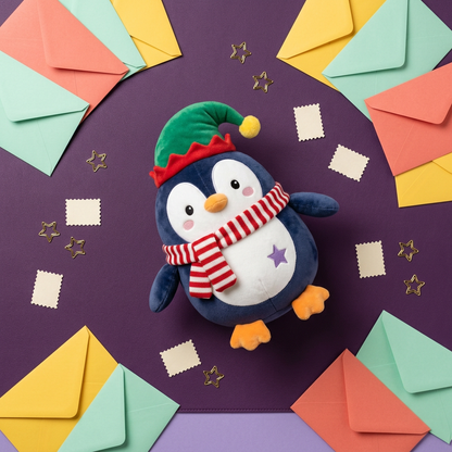 Peppermint Penguin Christmas Plush Toy with a Green Holiday Hat, Candy-Striped Scarf & Purple Star