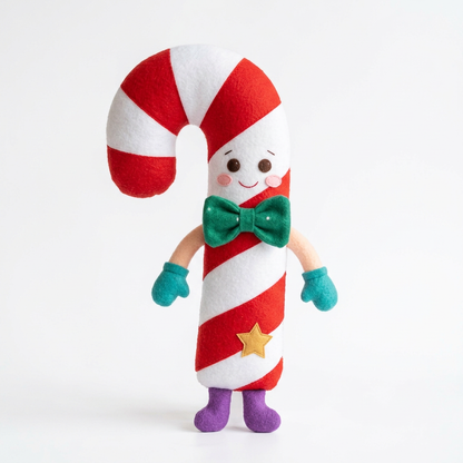 CandyTwirl Candy Cane Christmas Plush Toy with an Emerald Bow, Turquoise Mittens & Purple Feet