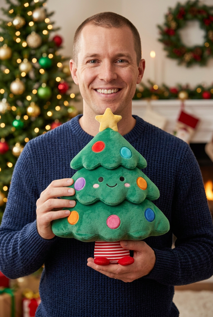 AI-generated adult man in a navy sweater holding the Christmas tree plush