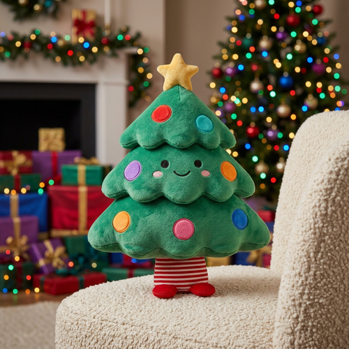 MerryPop tree plush on a cream chair in a colorful Christmas living room