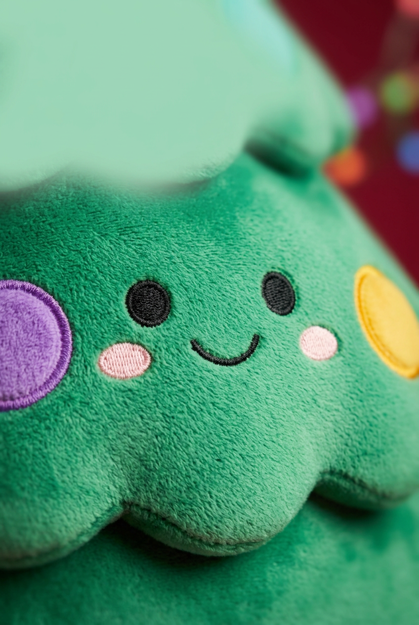 Close-up of the smiling face and pink cheeks on the green plush tree