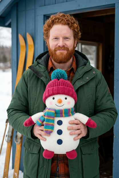 Fictional curly red-haired bearded man holding Snowberry beside a blue winter gear hut