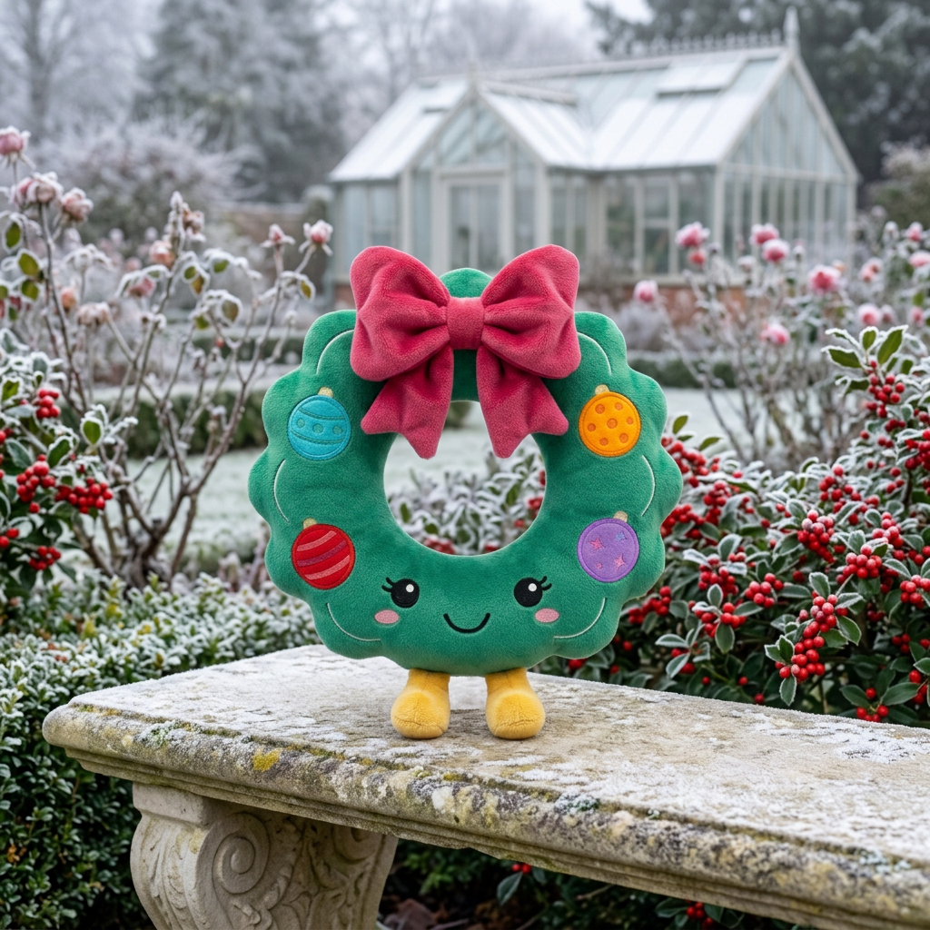 HollyHalo on a stone bench in a frosty garden