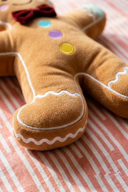 Rounded plush feet and white wavy trim on coral-striped fabric