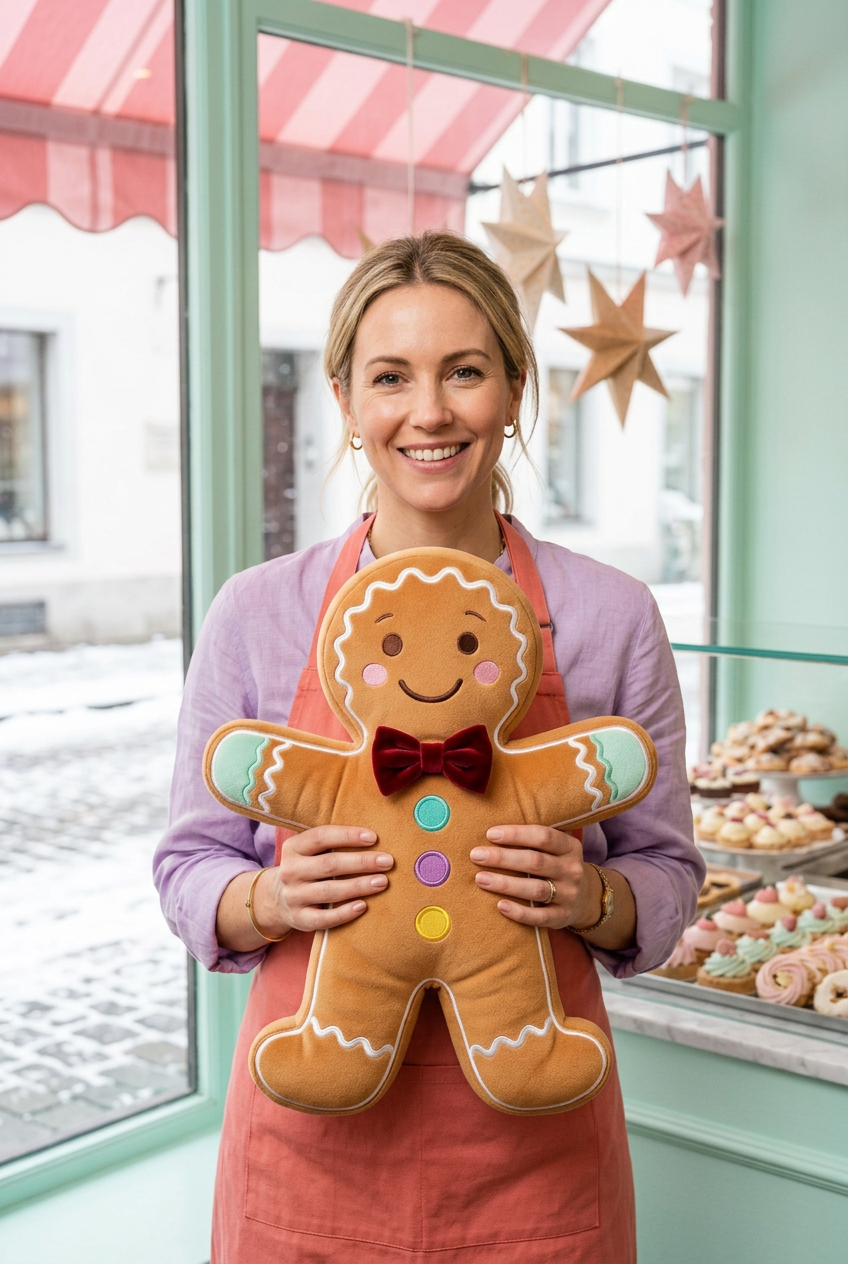 Fictional European-style adult woman holding GingerWish in a pastel patisserie