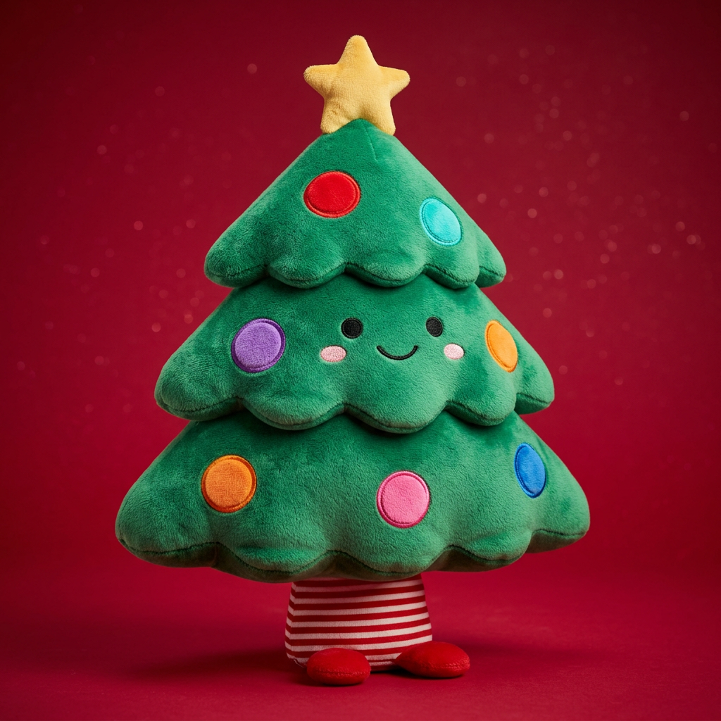 MerryPop Christmas tree plush with rainbow ornament details on a cranberry red background