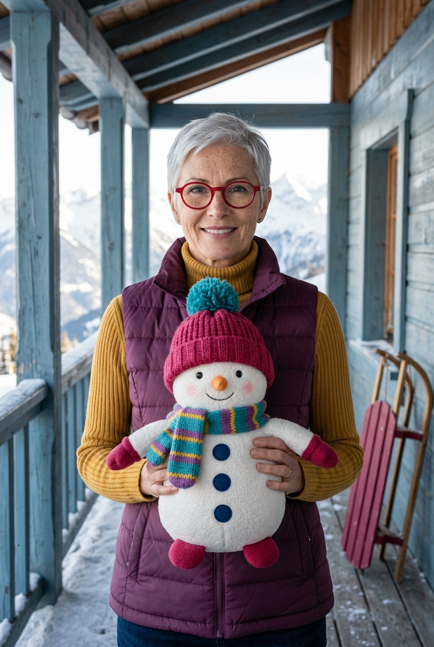 Fictional silver-haired woman with red glasses holding Snowberry at an alpine lodge