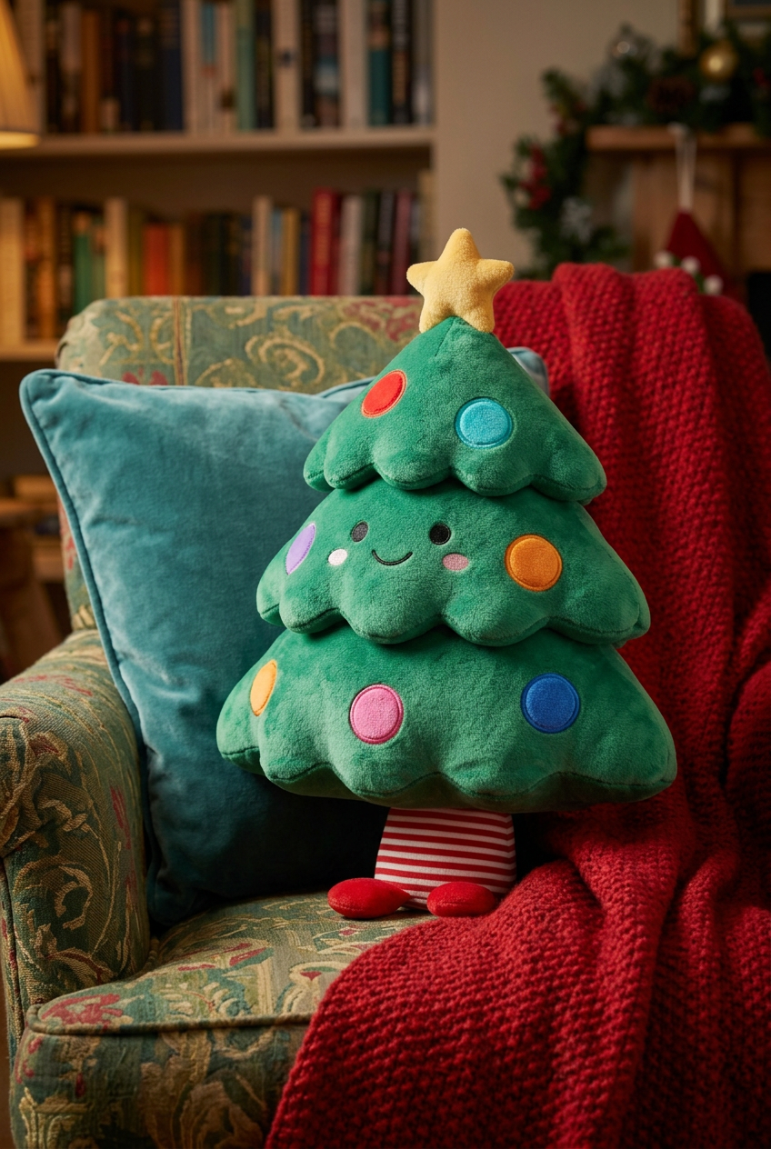 Layered Christmas tree plush styled with a teal cushion and red knitted throw