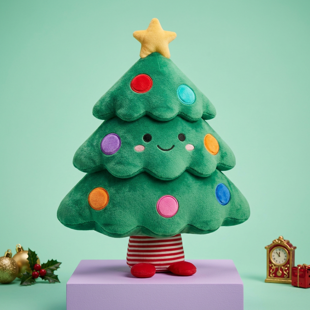Christmas tree plush on a lavender pedestal against a mint background