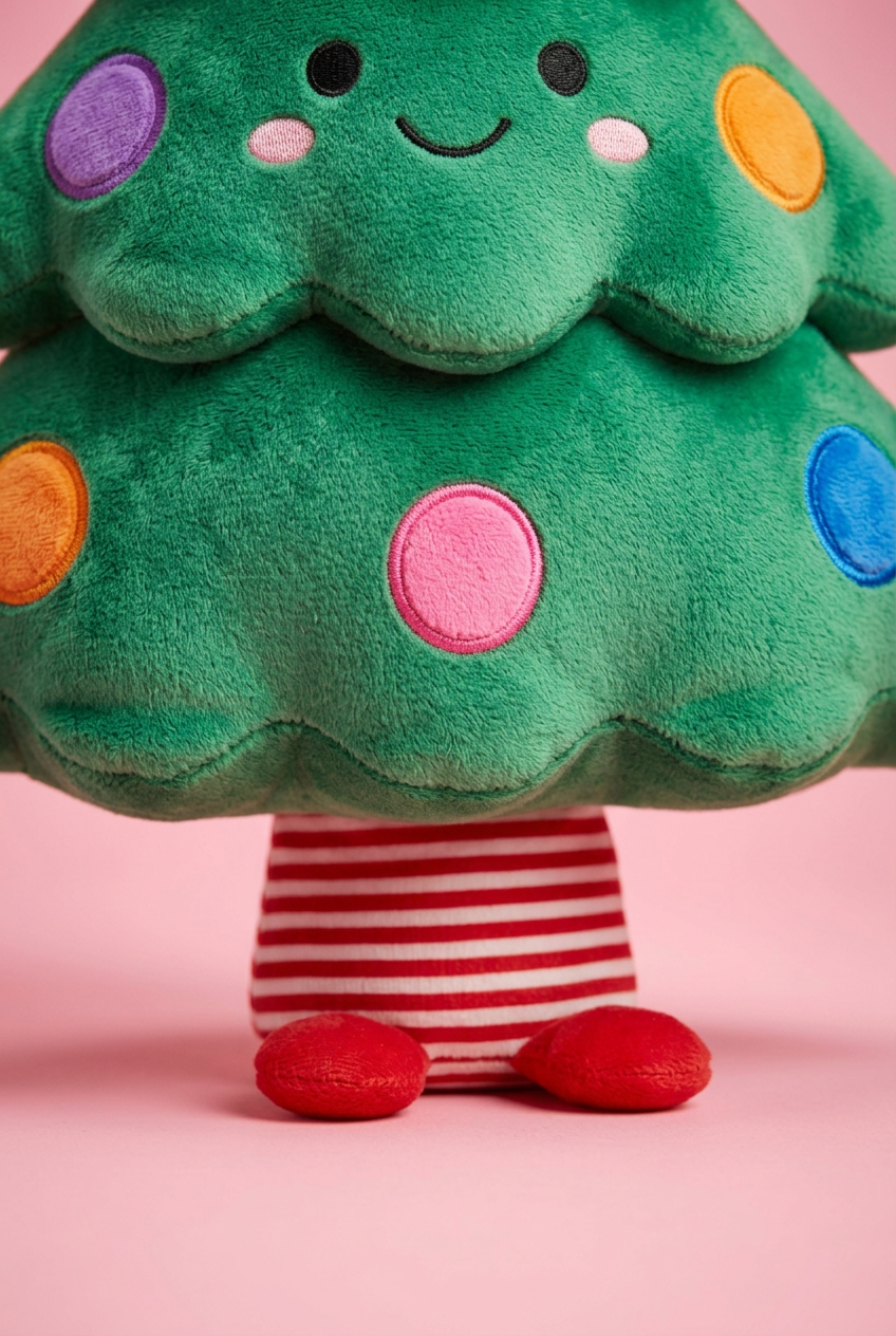 Colorful lower ornaments, candy-striped trunk and small red feet