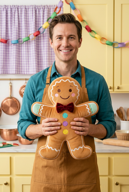 Fictional American-style adult man holding GingerWish in a colorful baking studio