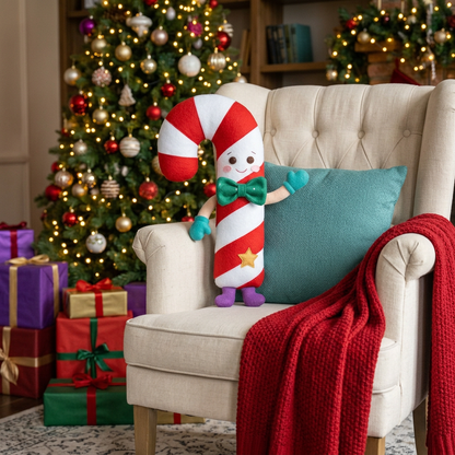 CandyTwirl Cane Buddy: Holiday reading-chair hero image. AI-generated concept image.