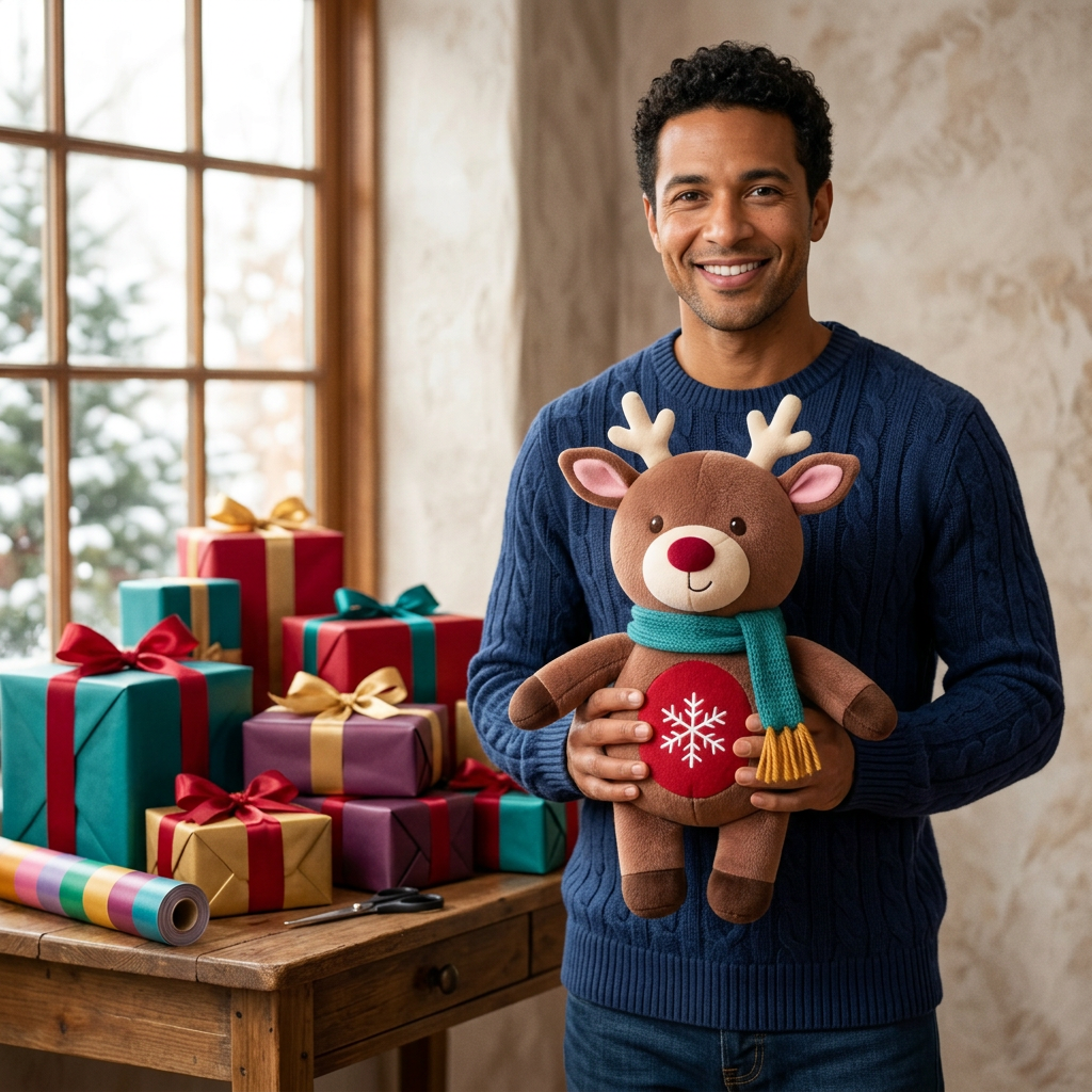 CocoaAntler Reindeer: Gift-wrapping lifestyle hero image. AI-generated concept image.