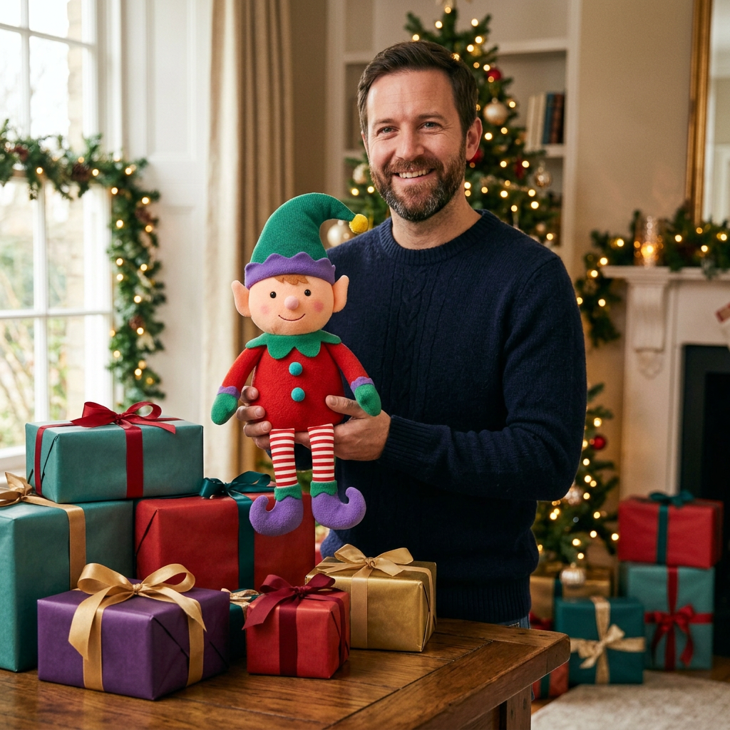 JingleSprout Elf: Gift-wrapping lifestyle hero image. AI-generated concept image.