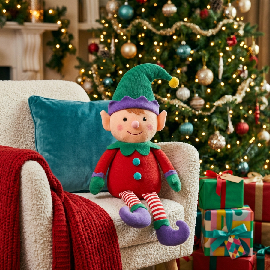 JingleSprout Christmas Elf Plush Toy with a Floppy Green Hat, Candy-Striped Legs & Curled Purple Shoes