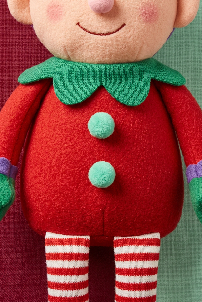 JingleSprout Elf: Torso and clothing detail. AI-generated concept image.