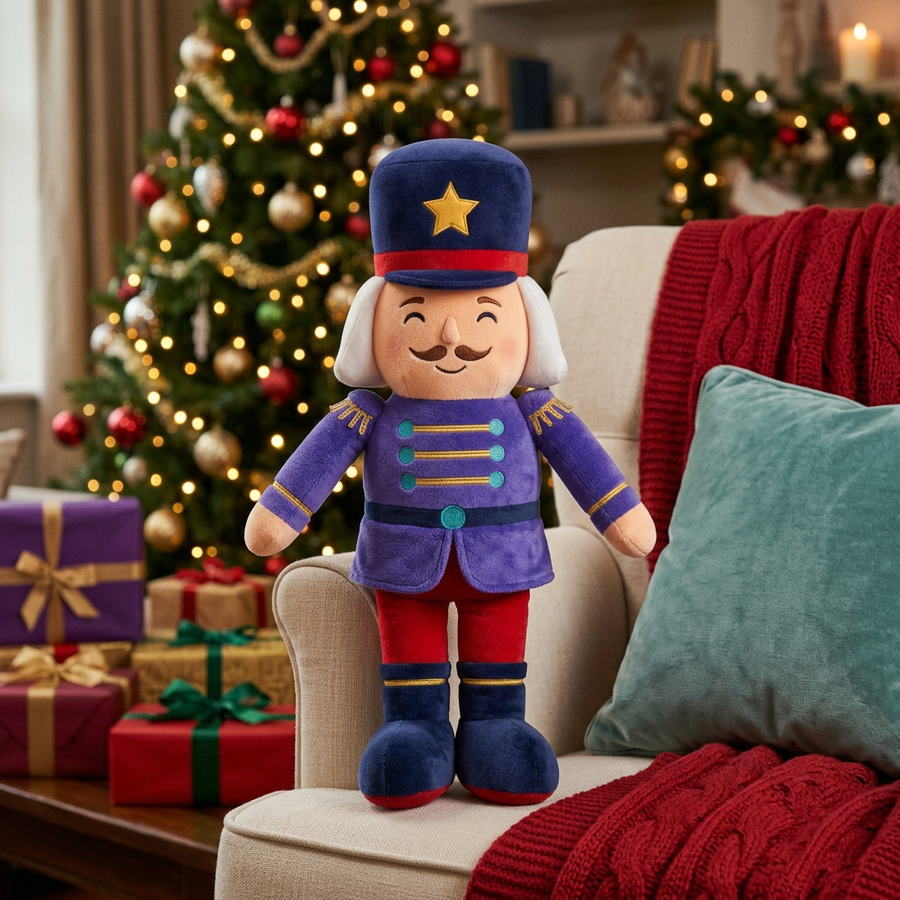 VelvetMarch Nutcracker-Inspired Christmas Plush Toy with a Star Hat, Purple Parade Jacket & Navy Boots